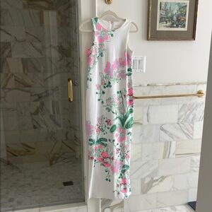Lilly Pulitzer Melodie Maxi White Dress with Pink and Green Floral Accents